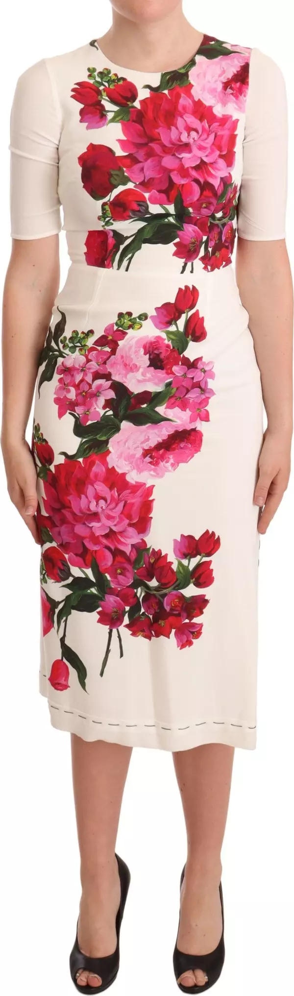 White Floral Printed Crepe Midi Slit Dress