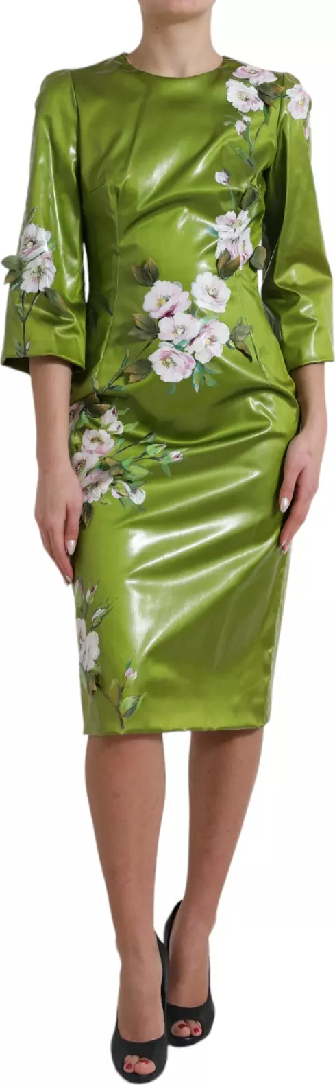 Green Floral Embellished Sheath Midi Dress