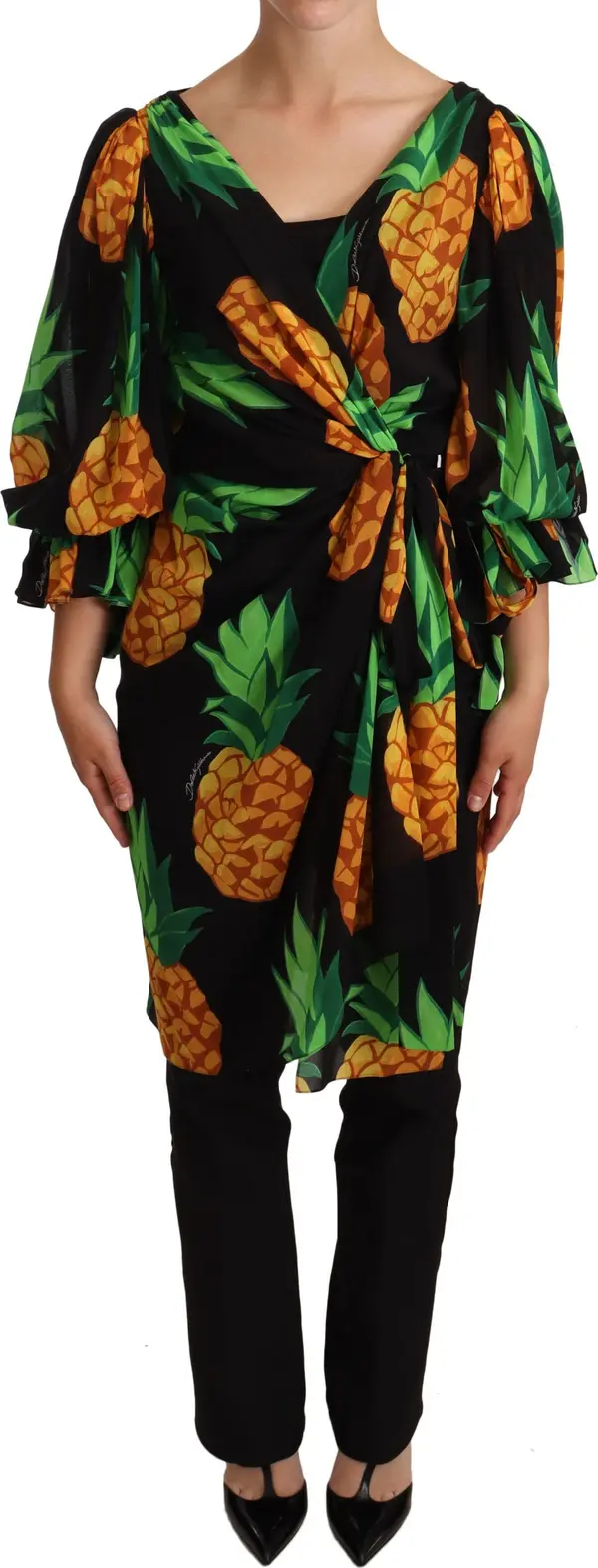 Black Ananas Print Wrap Stretch Silk Dress