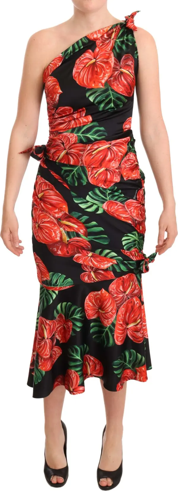Black Shiny Silk Floral Print Draped Dress