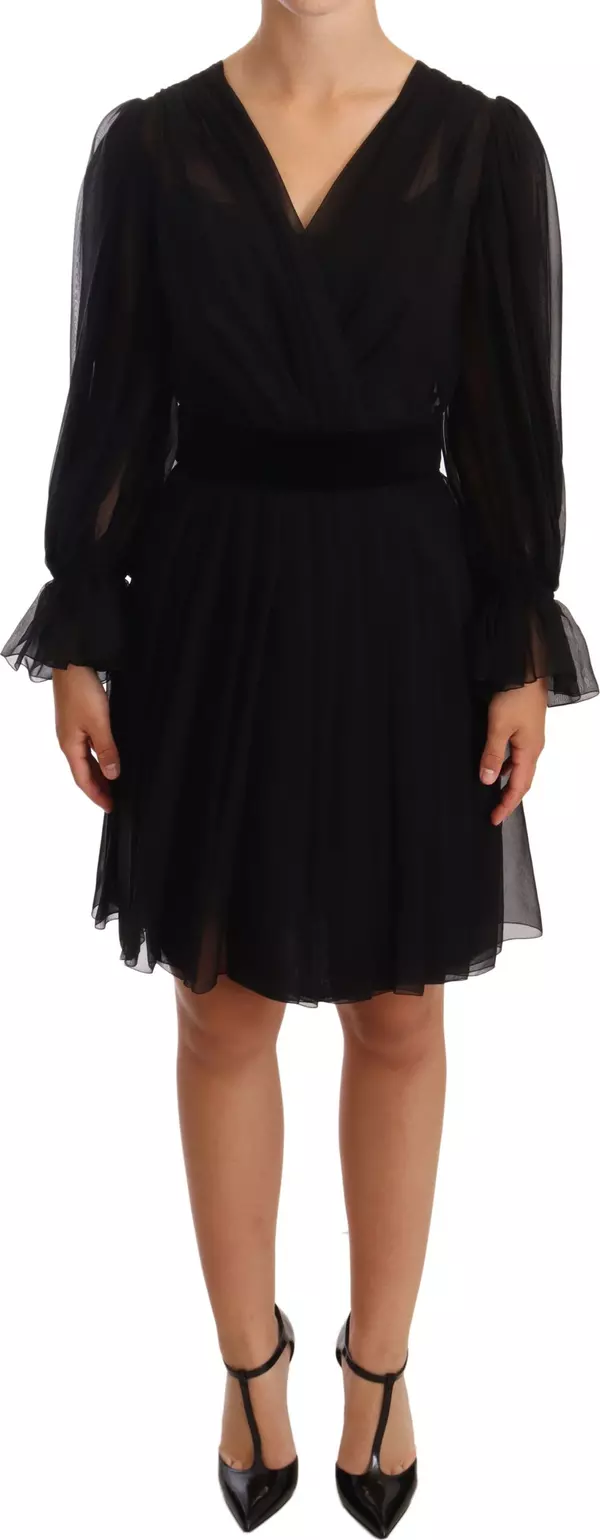 Black Mesh Pleated Mini Silk Stretch Dress