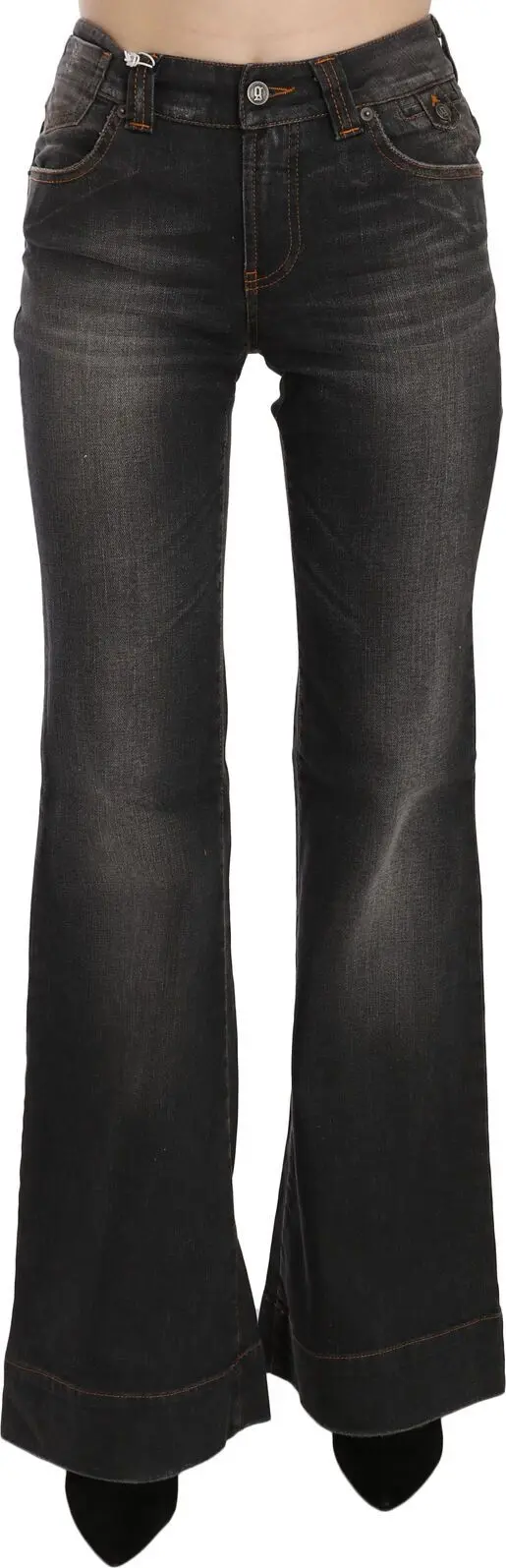 Black Washed Mid Waist Flared Denim Casual Jeans