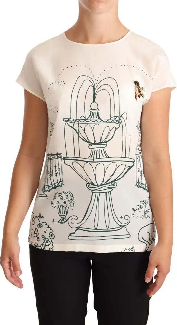 White Silk Garden Fountain T-Shirt Blouse