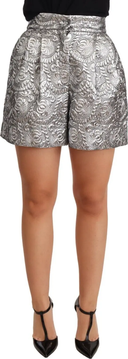 Silver Floral Brocade High Waist Shorts
