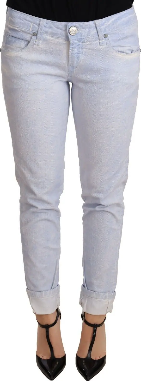 Light Blue Cotton Folded Hem Denim Skinny Women Trouser Jeans
