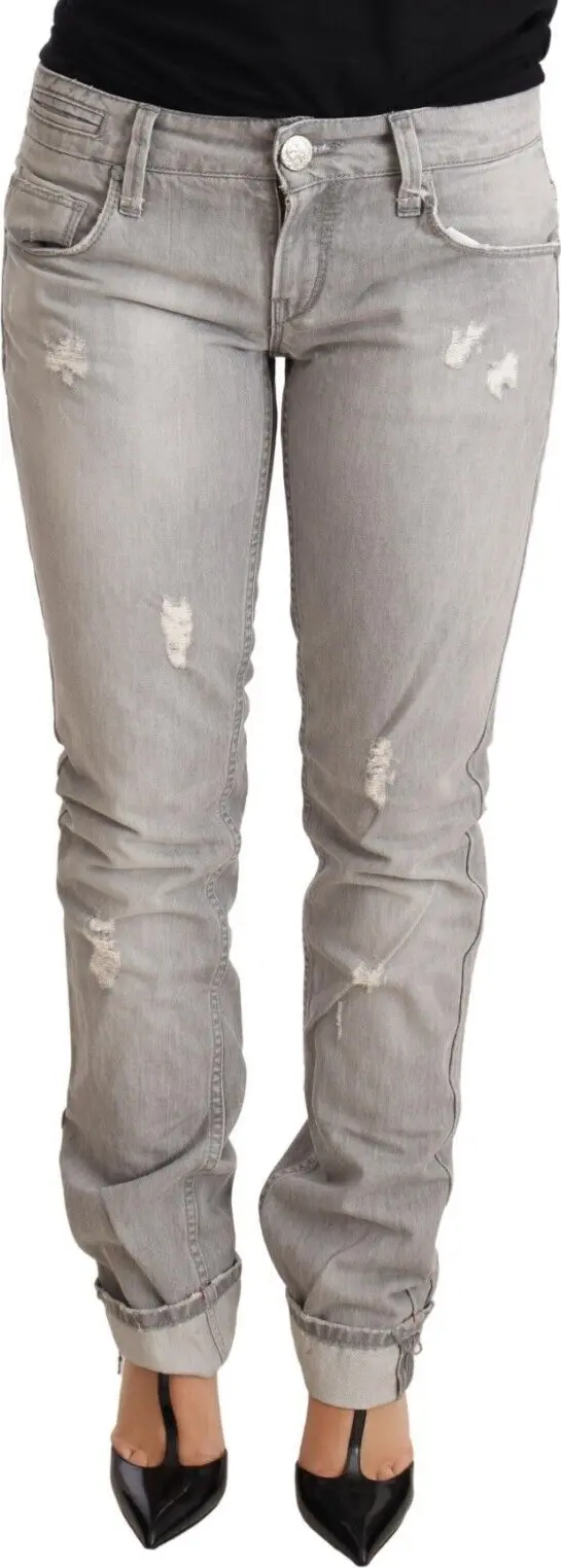 Gray Tattered Cotton Slim Fit Folded Hem Women Denim Jeans