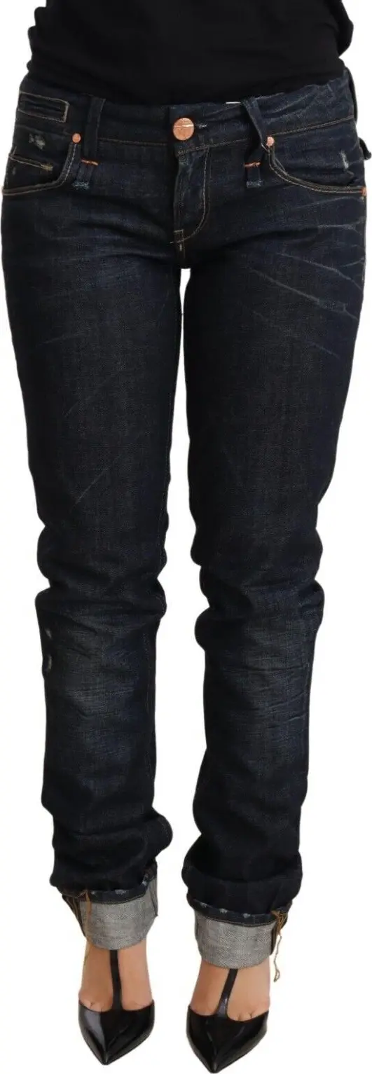Dark Blue Cotton Slim Fit Folded Hem Women Denim Trouser Jeans