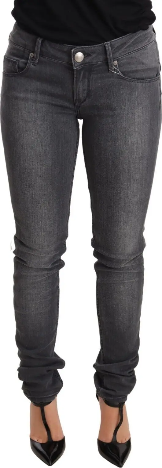 Gray Washed Cotton Slim Fit Low Waist Women Denim Trouser Jeans