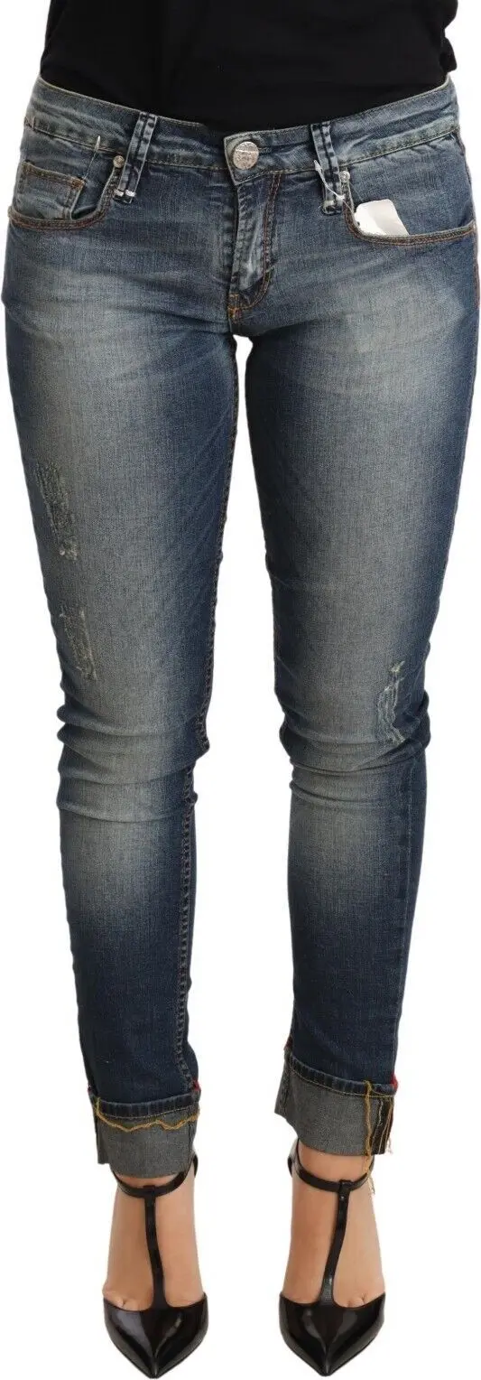 Blue Washed Cotton Low Waist Skinny Denim Women Trouser Jeans