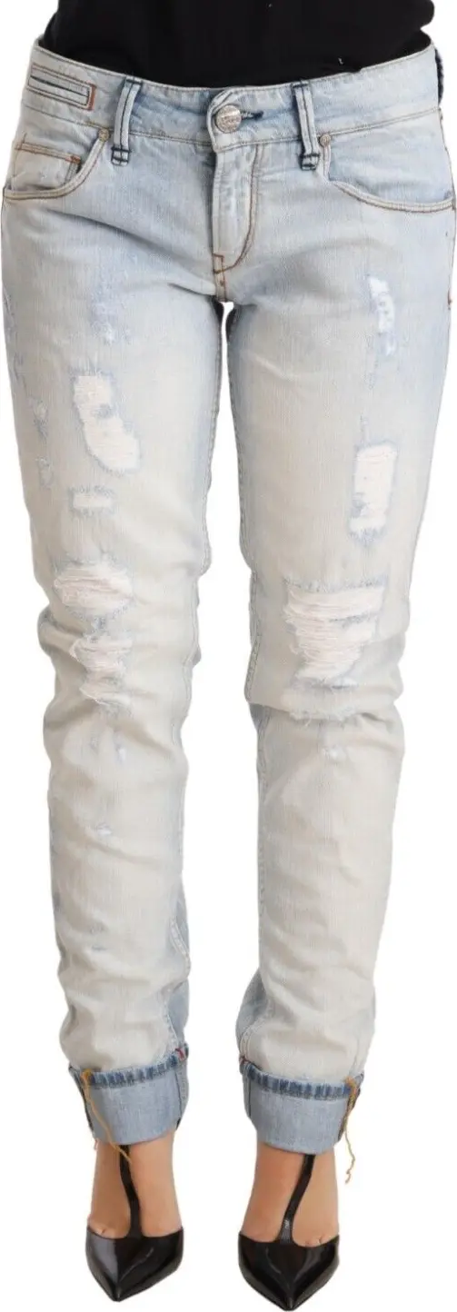 Light Blue Distressed Cotton Folded Hem Denim Trouser Jeans