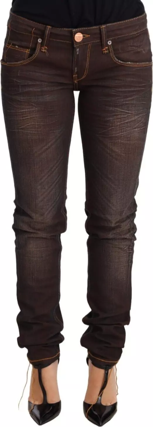 Brown Washed Cotton Slim Fit Denim Low Waist Trouser Jeans