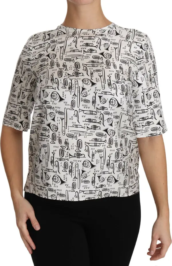 White Musical Instruments Print Blouse