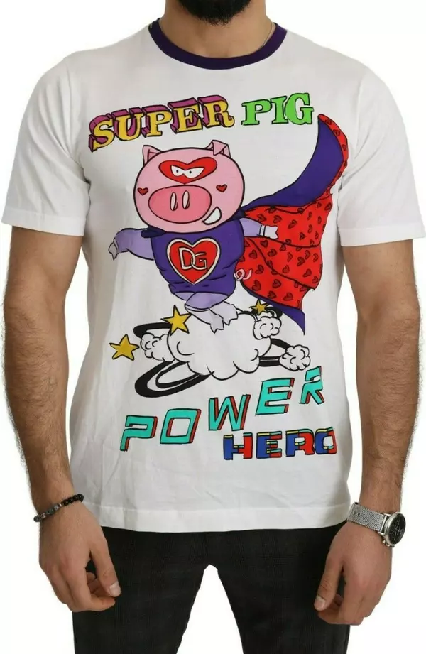 White Cotton Top Super Power Pig T-shirt