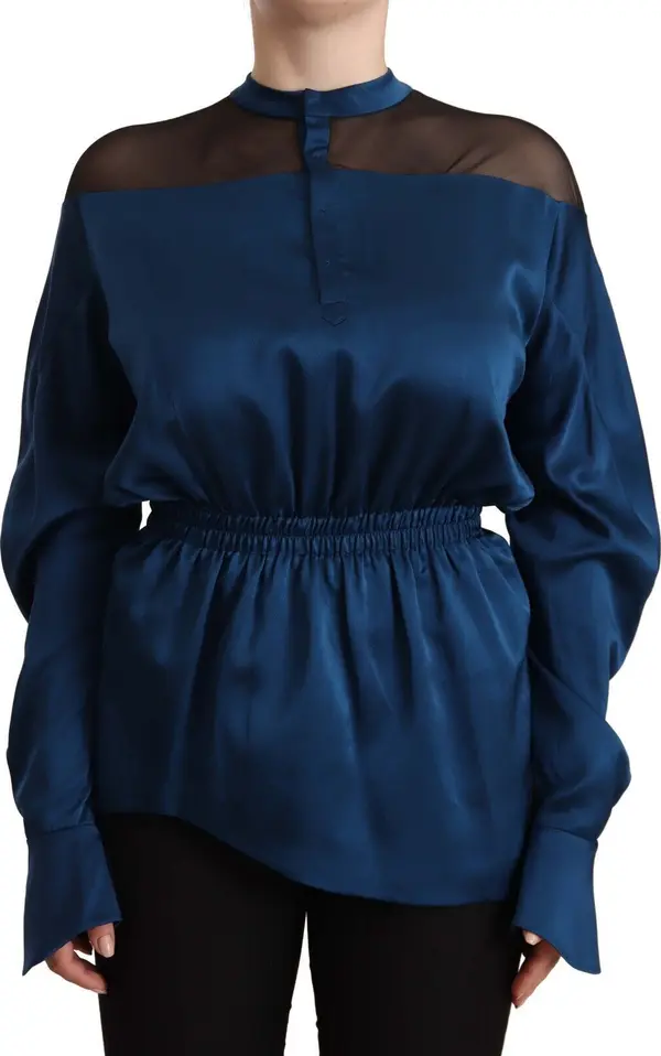 Blue Silk Long Sleeves Elastic Waist Top Blouse
