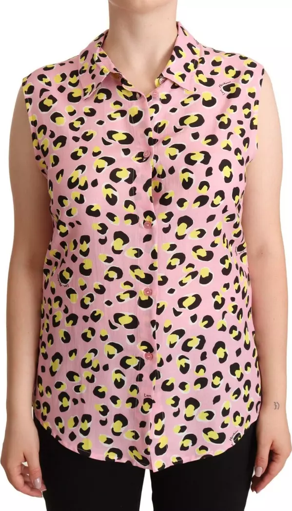 Pink Leopard Print Sleeveless Collared Polo Top