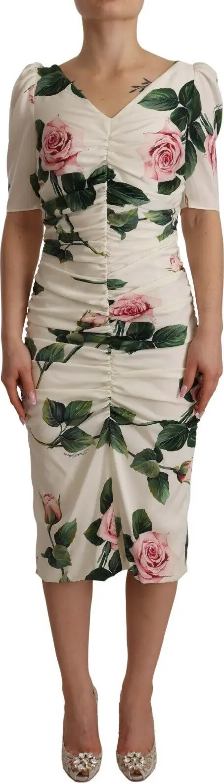 White Roses Print Stretch Silk Pleated Dress