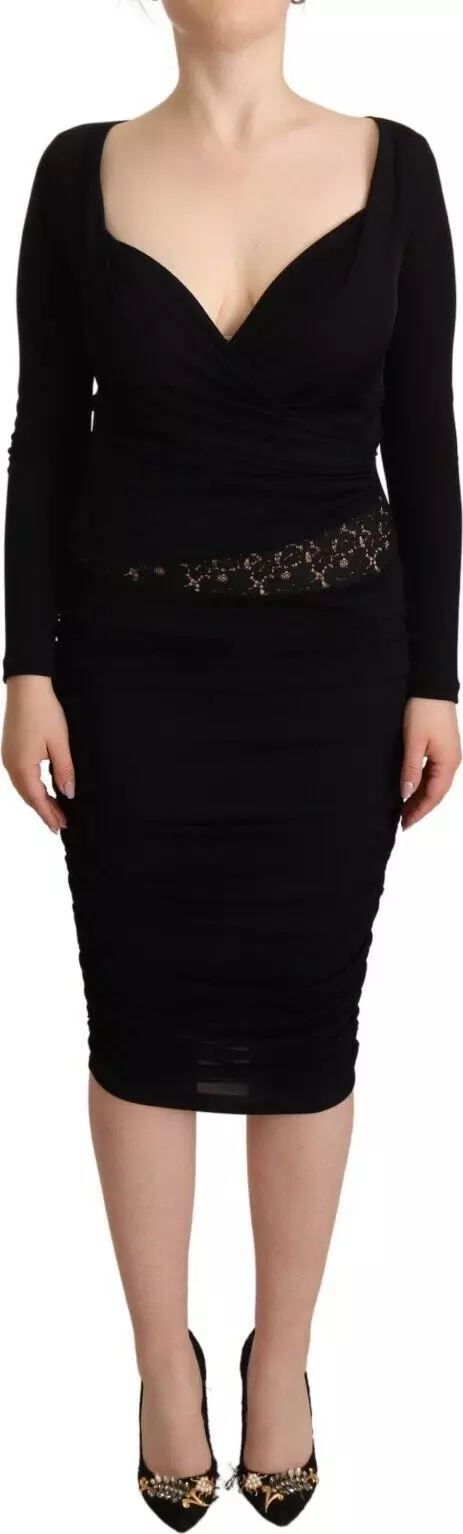 Black Long Sleeves Sweetheart Neck Midi Dress