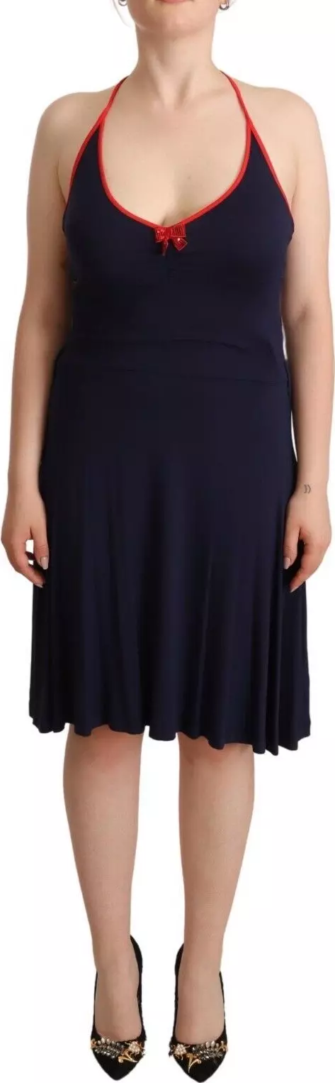 Navy Blue Sleeveless Halter Sheath Midi Dress