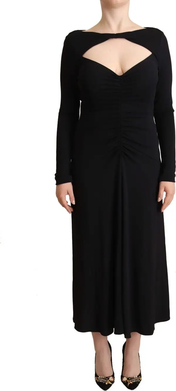 Black Nylon Stretch Long Sleeves Deep V-neck Maxi Dress