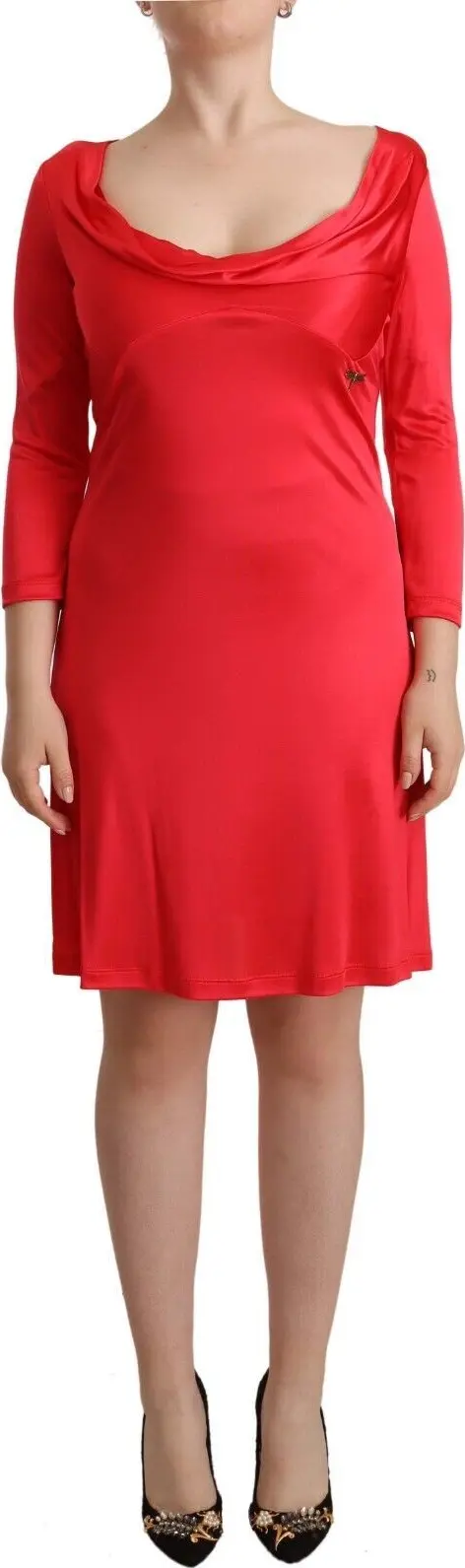 Red Viscose 3/4 Sleeves Deep Round Neck Sheath Dress