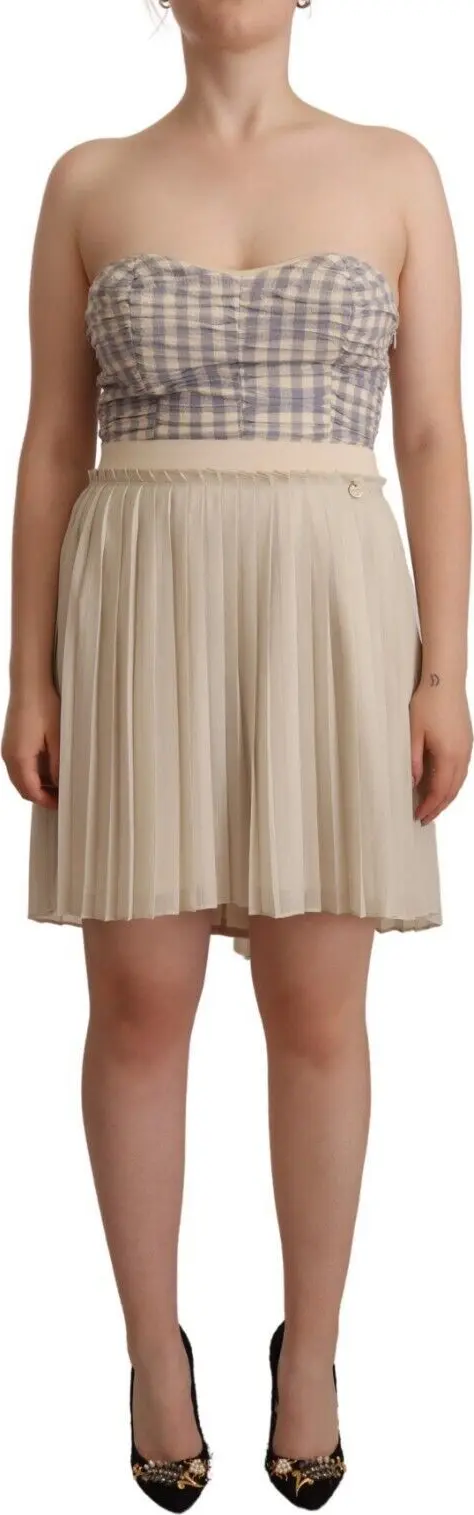 Beige Checkered Pleated A-line Strapless Bustier Dress