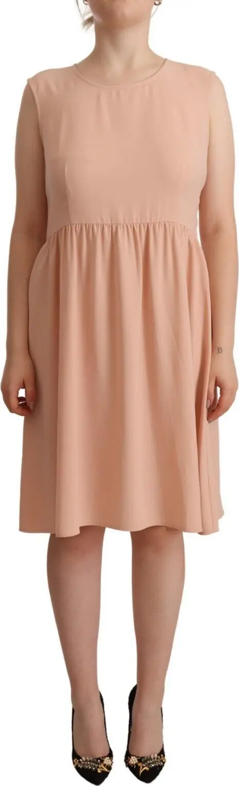 Beige Polyester Sleeveless Shift Knee Length Dress