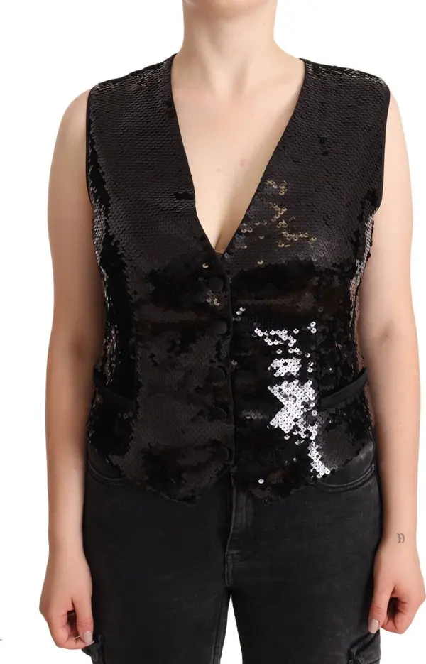Black Sequin V-Neck Sleeveless Vest Tank Top