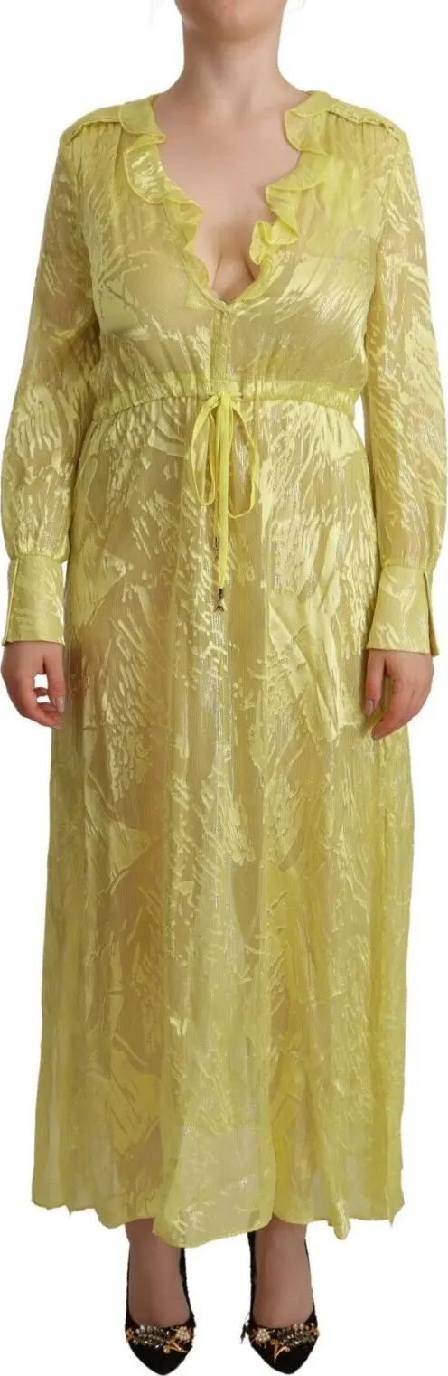 Yellow Silk Long Sleeves Plunging Maxi Dress