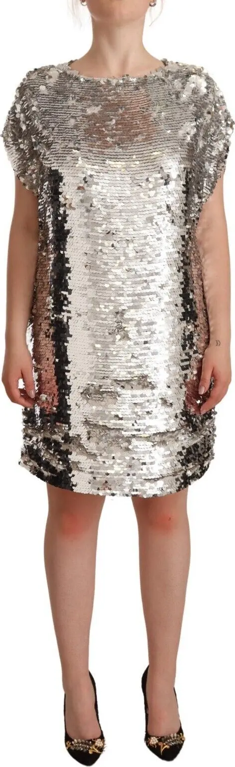 Silver Sequined Polyester Short Sleeves Shift Mini Dress