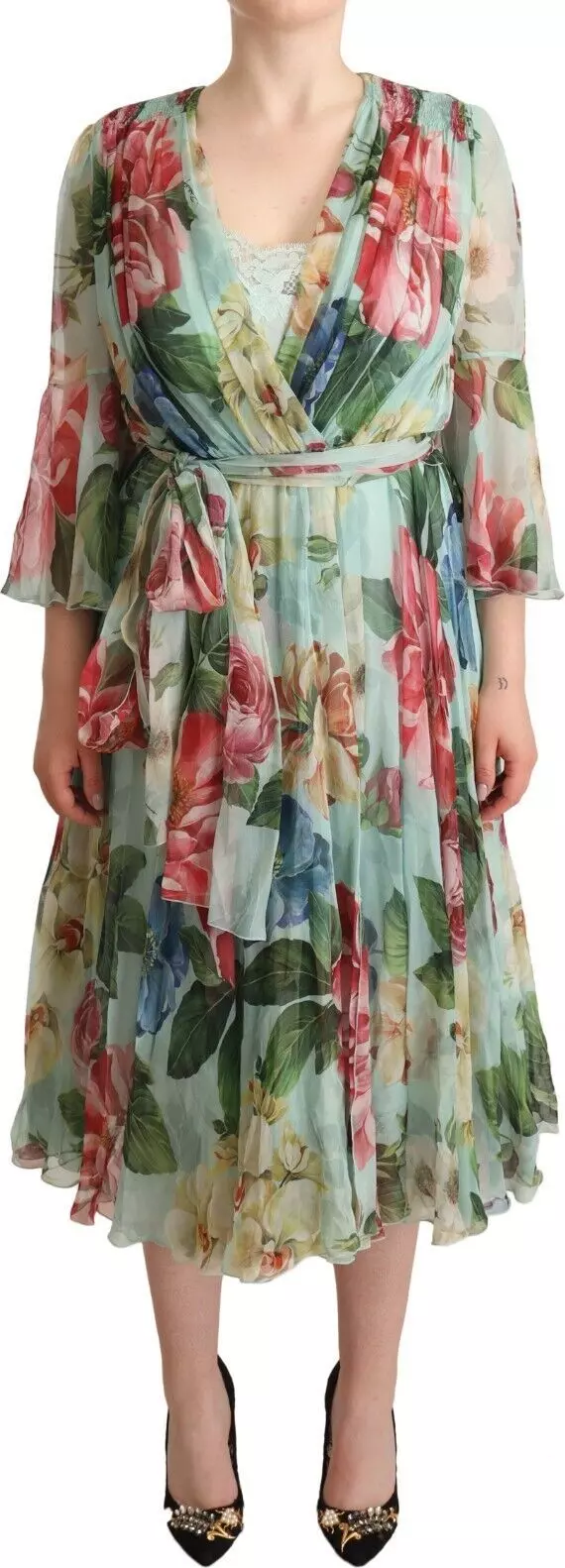 Green Floral Long Sleeves V-neck Midi Dress