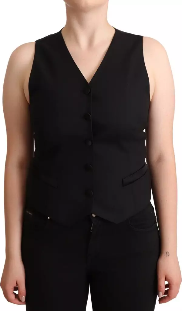 Black Button Down Sleeveless Viscose Vest Top