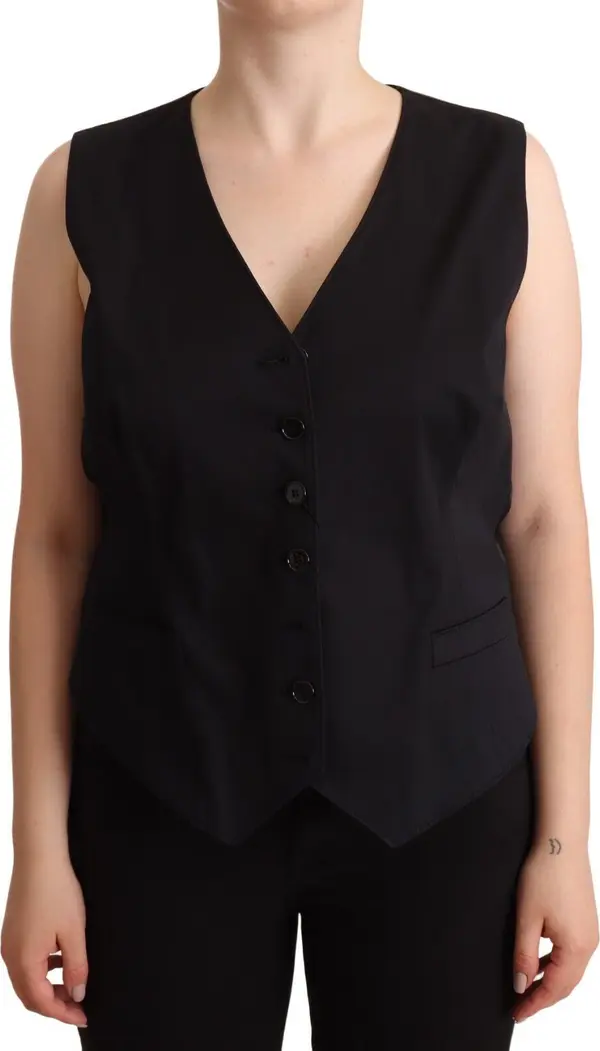 Black Button Down Sleeveless Vest Waiscoat Top