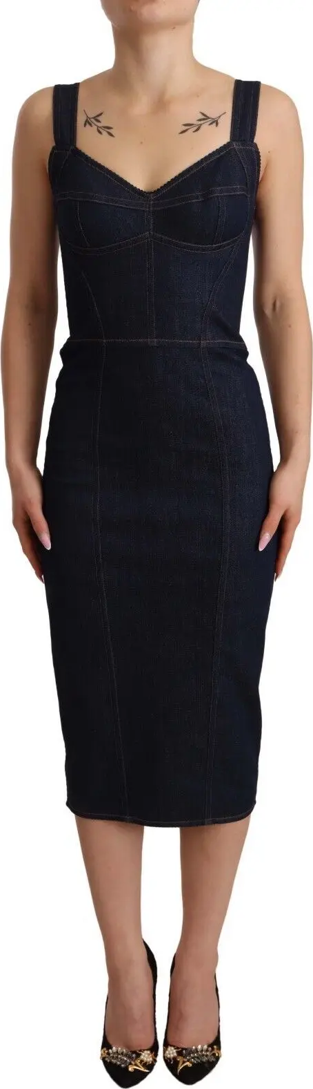 Dark Blue Cotton Denim Sheath Midi Dress