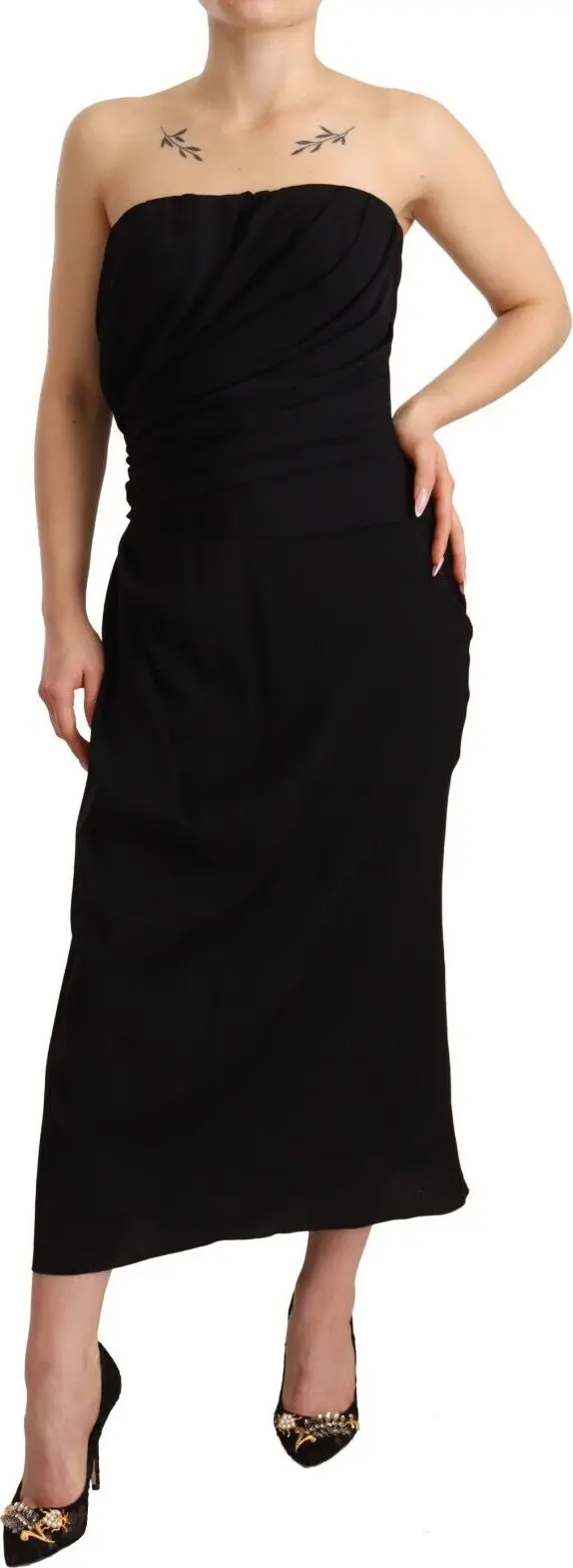 Black Silk Stretch Strapless Sheath Midi Dress