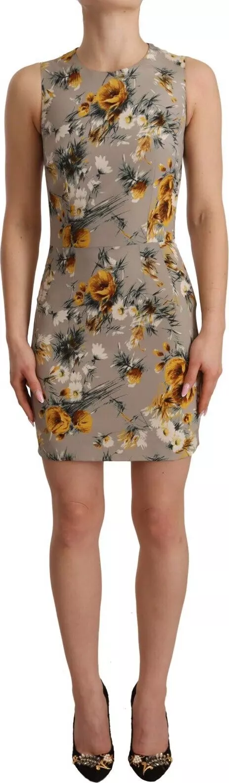 Gray Silk Stretch Floral Sheath Mini Dress
