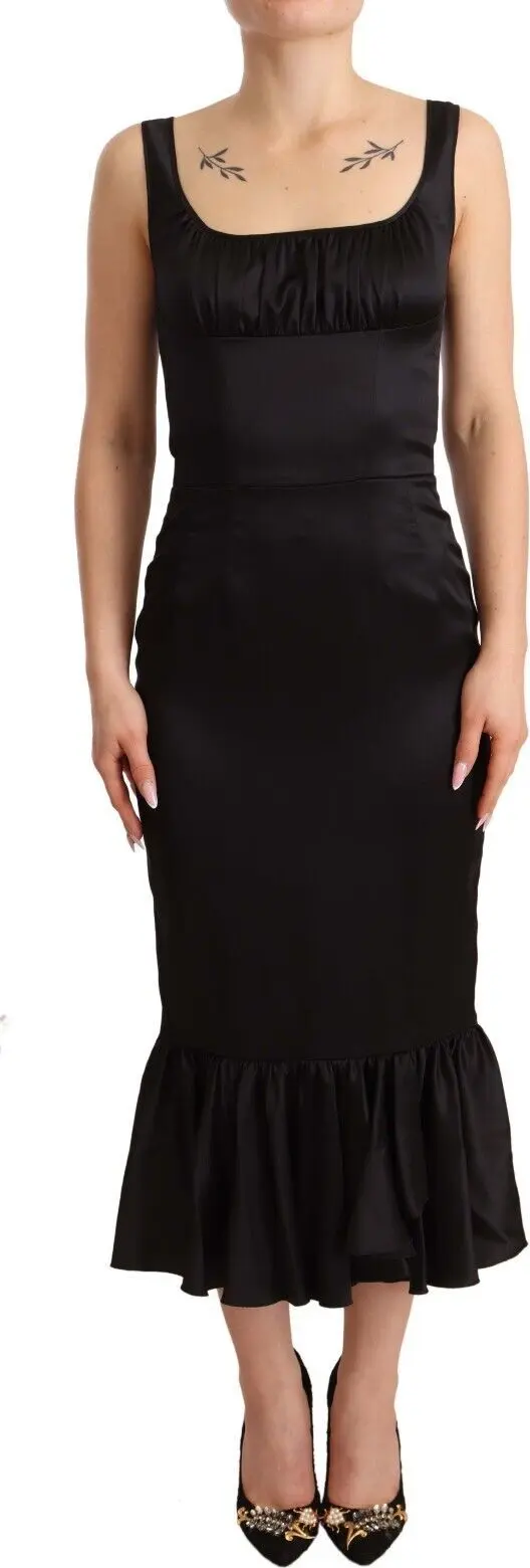 Black Silk Stretch Sheath Mermaid Midi Dress