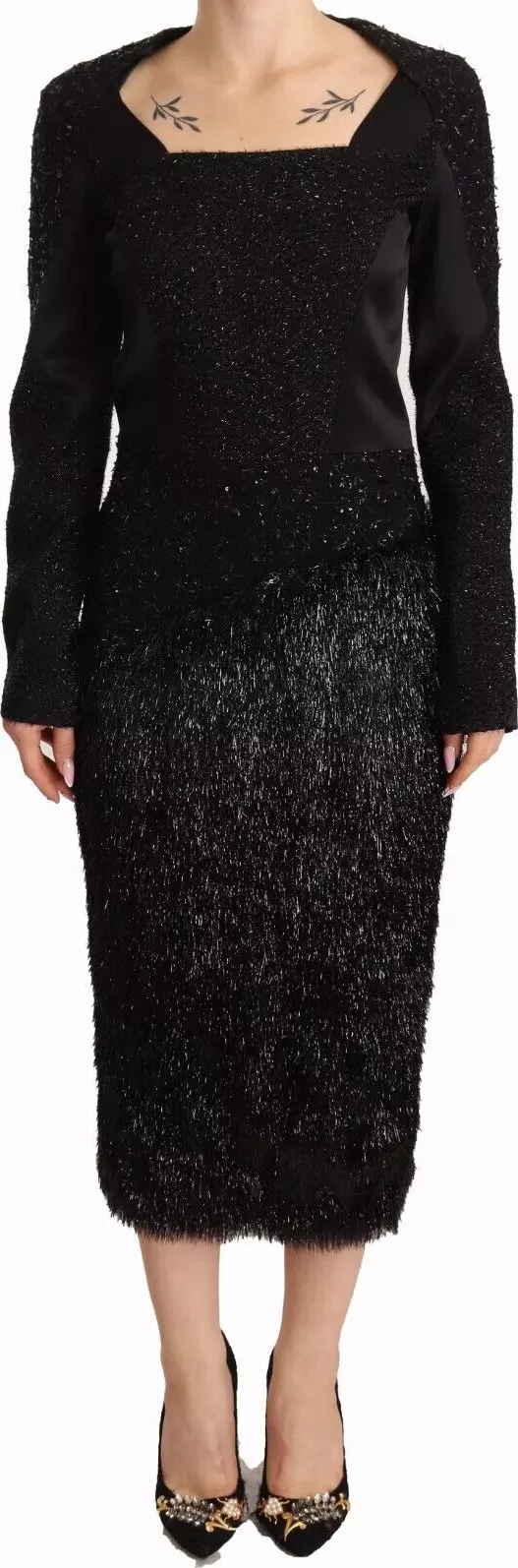 Black Studs Embellished Long Sleeves Sheath Midi Dress