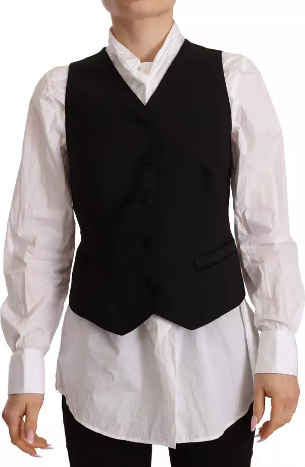Black Button Down Sleeveless Vest Viscose Top