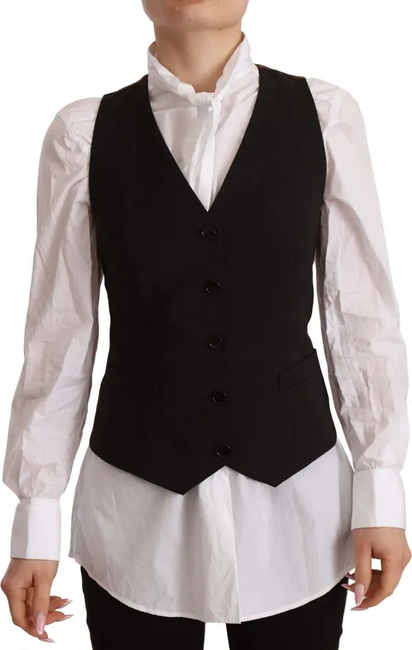 Black Button Down Sleeveless Vest Polyester Top