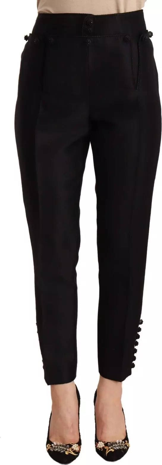 Black Button Embellished Cropped High Waist Pants