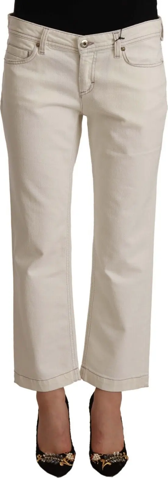 Off White Cotton Flared Cropped Denim Jeans