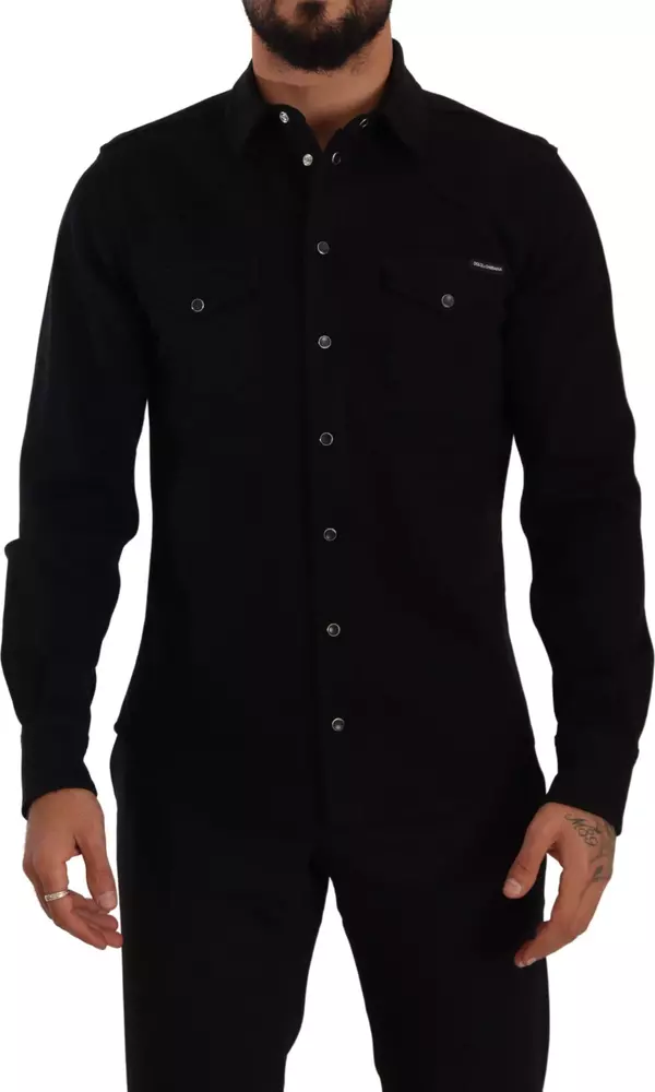 Black Slim Cotton Denim Stretch Shirt