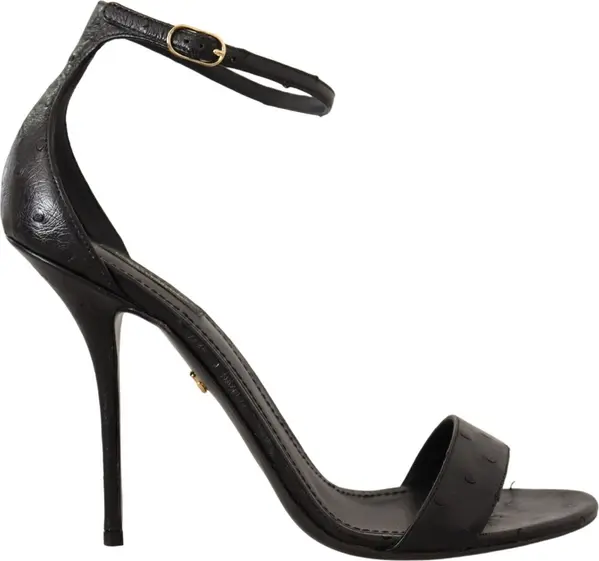 Black Ostrich Ankle Strap Heels Sandals Shoes