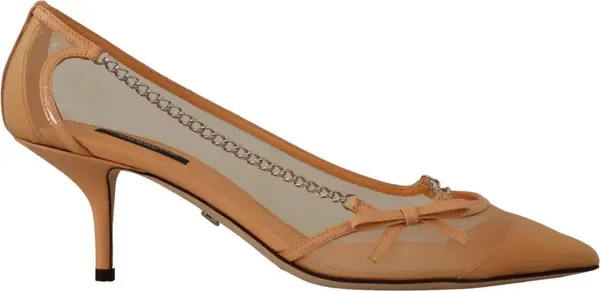 Peach Mesh Leather Chains Heels Pumps Shoes