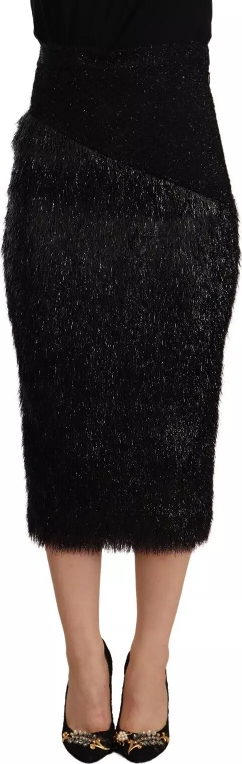 Black Tinsel High Waist Pencil Midi Viscose Skirt