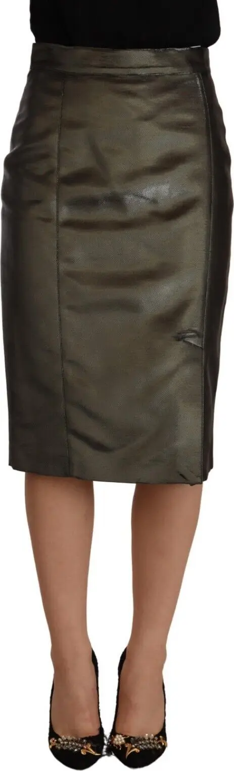 Metallic Gray High Waist Pencil Midi Skirt