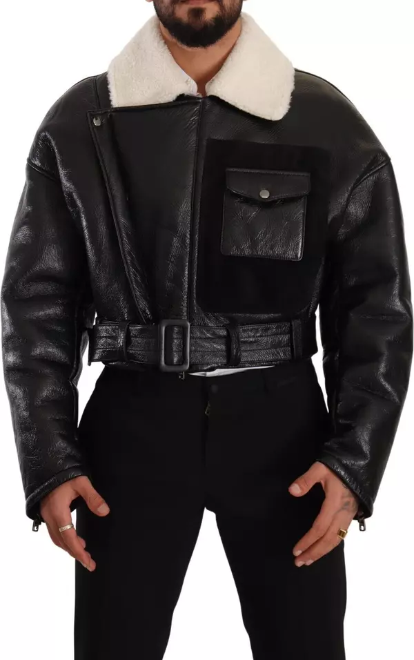 Black Leather Shearling Biker Coat Jacket