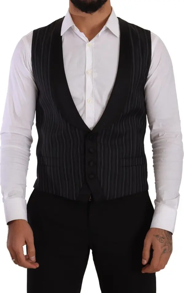 Black Striped Wool Silk Waistcoat Vest