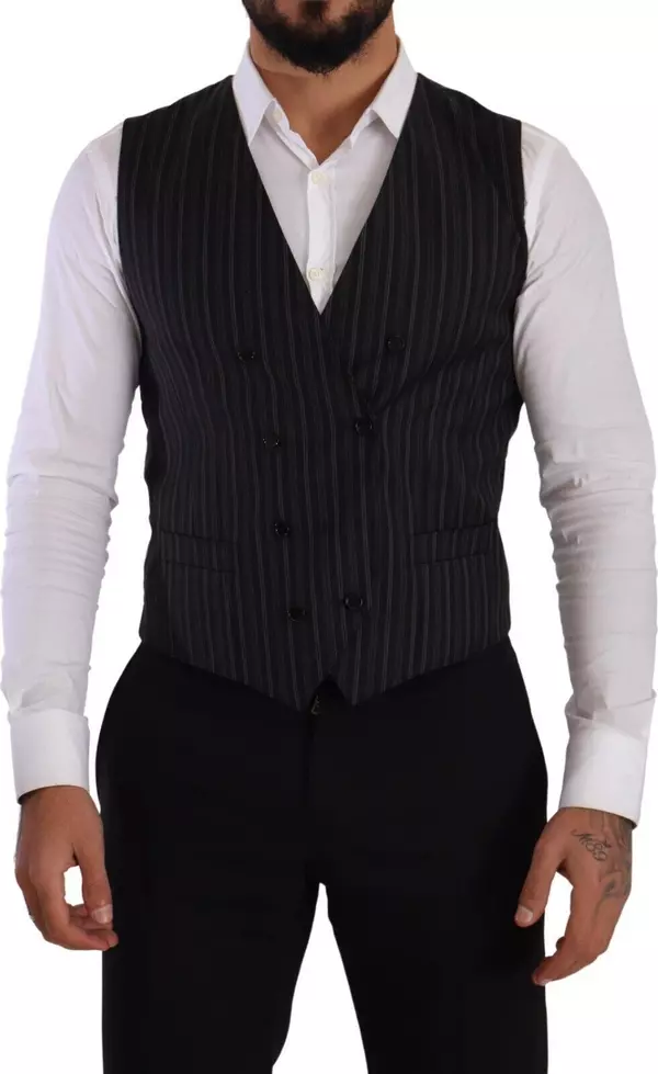 Gray Striped Double Breasted Waistcoat Vest