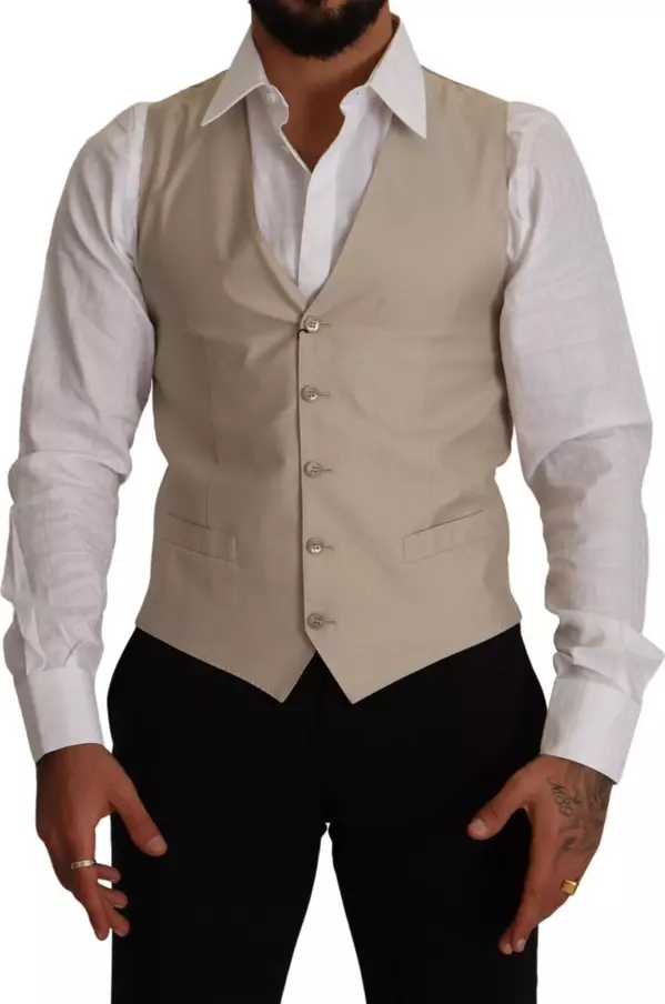 Beige Cotton Silk Slim Fit Waistcoat Vest